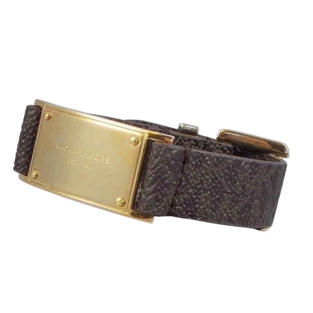 Michael‎ Kors Gold Tone Plaque + MK Brown Saffiano Buckle Wrap Bracelet With Bag